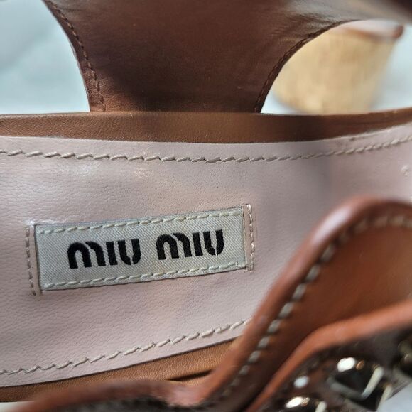 Miu Miu Women's Size 8.5 Brown Studded Spike Ankle Cork Platform Wedge Sandals - Picture 7 of 9